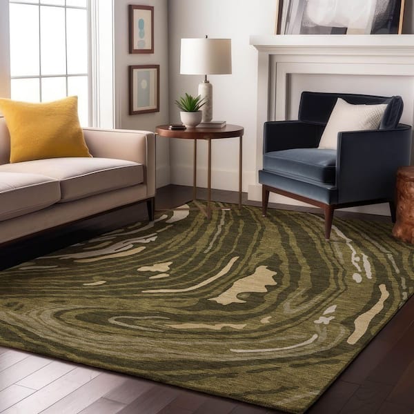 Mayfield Premium Machine Washable Abstract AMF1051 Olive 3 ft. x 4 ft. Area Rug