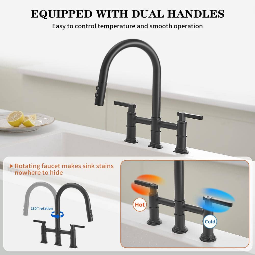 Matte Black Dual Handle Pull-Down Bridge Kitchen Faucet