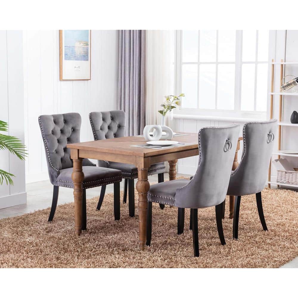 Gray Velvet Upholstered High Back Parsons Side Chairs with Wood Legs, Set of 4