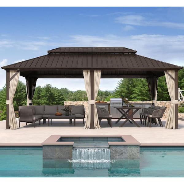 12 ft. x 20 ft. Bronze Aluminum Outdoor Hardtop Gazebo Metal Frame Galvanized Double Roof with Curtains and Nettings