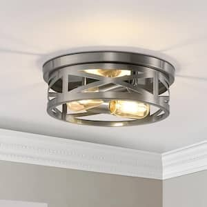 11 in. 2-Light Nickel Farmhouse Flush Mount with Drum Metal Cage Shade for Entryway Bedroom