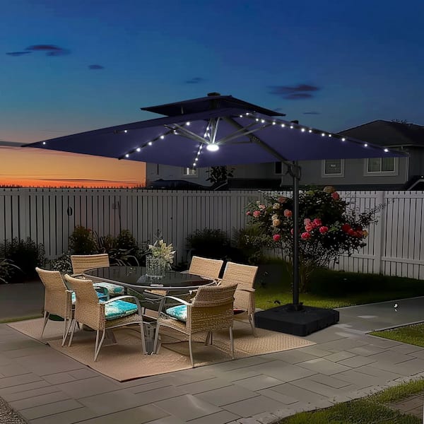 9 ft. x 11 ft. LED Rectangular Swivel Double Cantilever Tilt Patio Umbrella in Navy Blue with 220 lb. HDPE Base