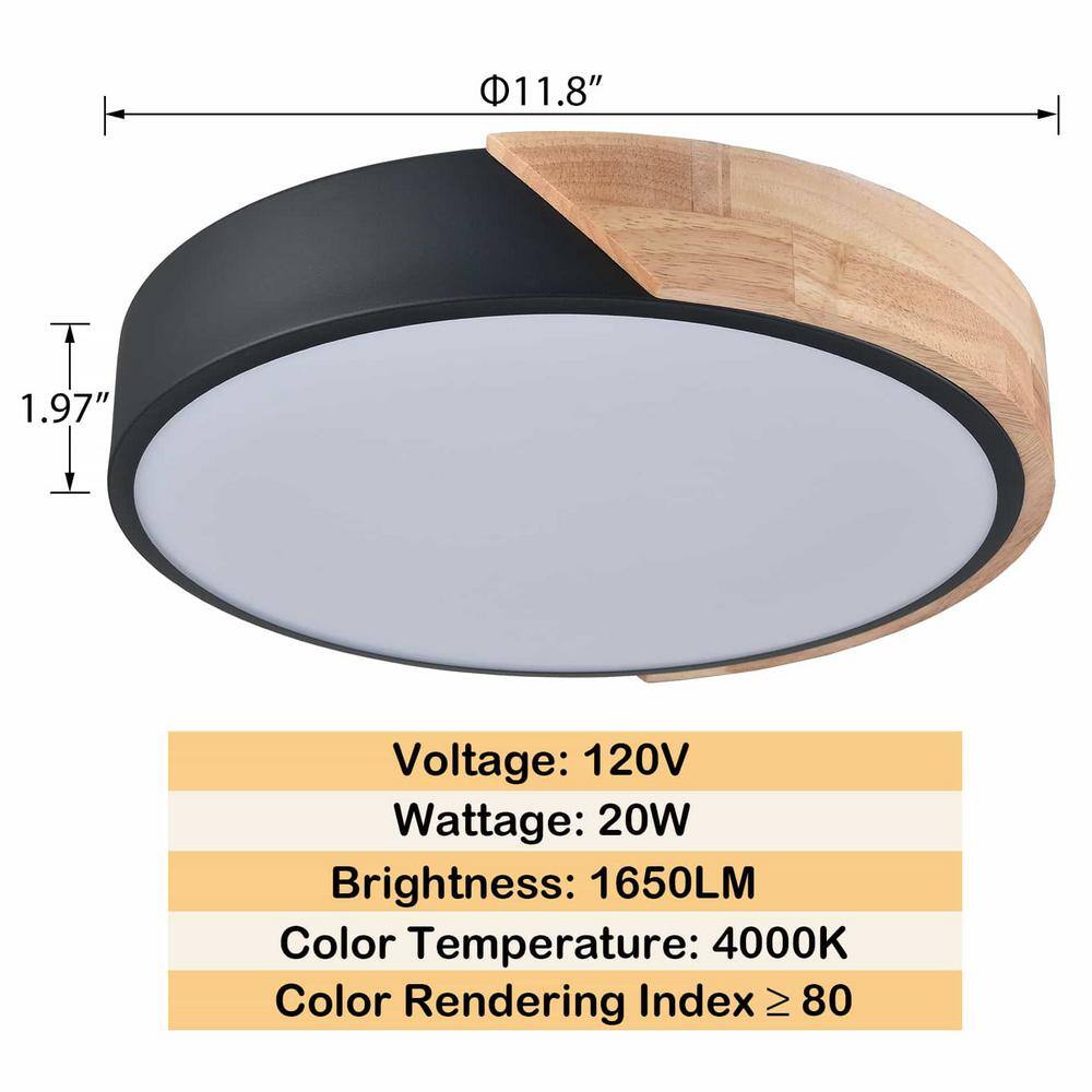 Black and Wood LED Drum Flush Mount Ceiling Light