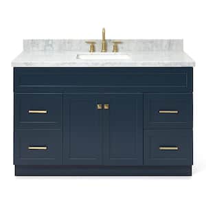 Hamlet 55 in. W x 22 in. D x 36 in. H Freestanding Bath Vanity in Midnight Blue with White Marble Top