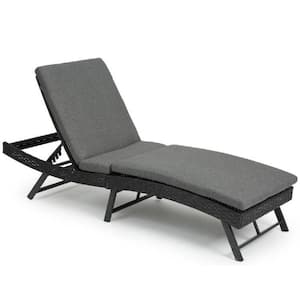 Black Metal Outdoor Chaise Lounge Rattan Adjustable Back with Gray Cushion and Folding Table