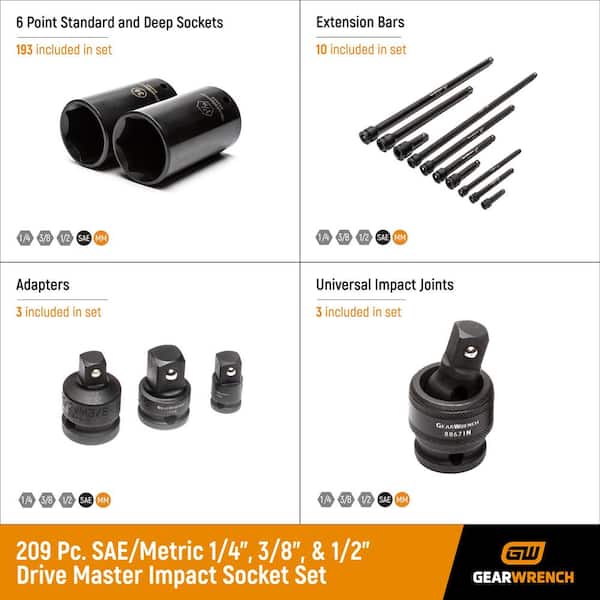 1/4 in. x 3/8 in. and 1/2 in. Drive 6-Point Standard and Deep SAE/Metric Master Impact Socket Set (209-Piece)