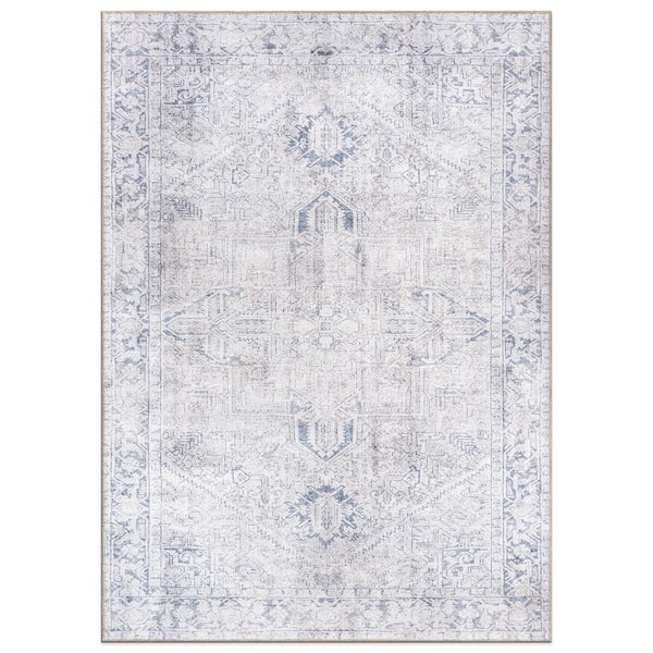 World Rug Gallery Amber Blue 7 ft. 7 in. x 9 ft. 6 in. Vintage Boho Medallion Machine Washable Non Slip Area Rug