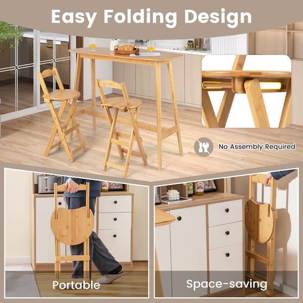 Gymax Set of 2 Bamboo Folding Barstools Counter Height