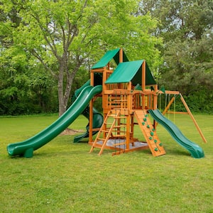 Great Skye II Wooden Outdoor Playset with Green Vinyl Canopy and 3 Slides, Picnic Table, and Swing Set Accessories