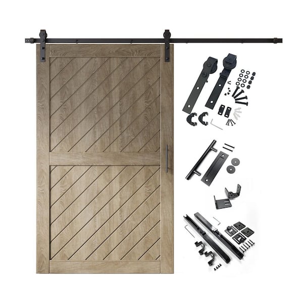 HOMACER XT1 42 in. x 80 in. C-Panel Classic Gray Slanted Stripe Design Solid Pine Wood Sliding Barn Door with Hardware Kit