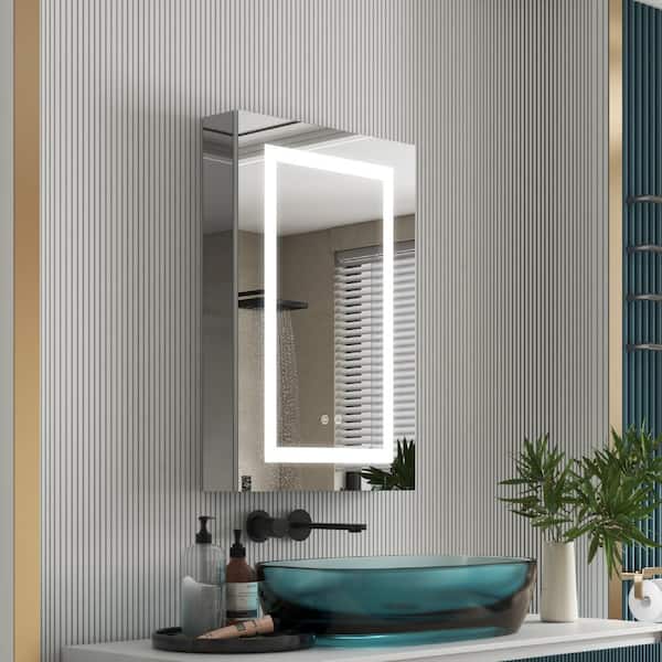 20 in. W x 30 in. H Rectangular Recessed/Surface Mount Right LED Medicine Cabinet with Mirror, Dimmer, Outlets, Defogger