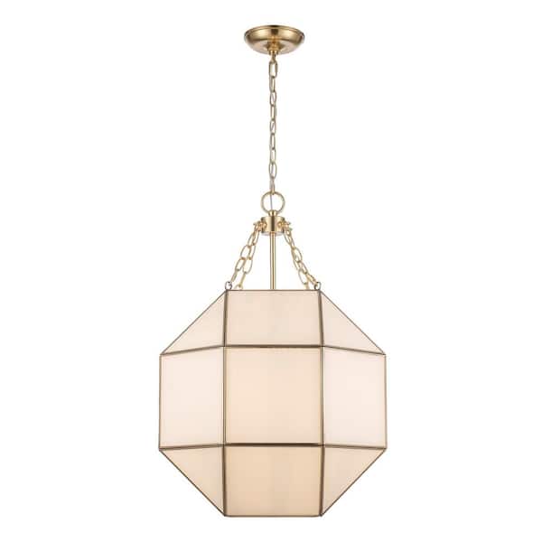 Ellis 18.5 in. 3-Light Gold Pendant Light Fixture with Satin White Glass Panels