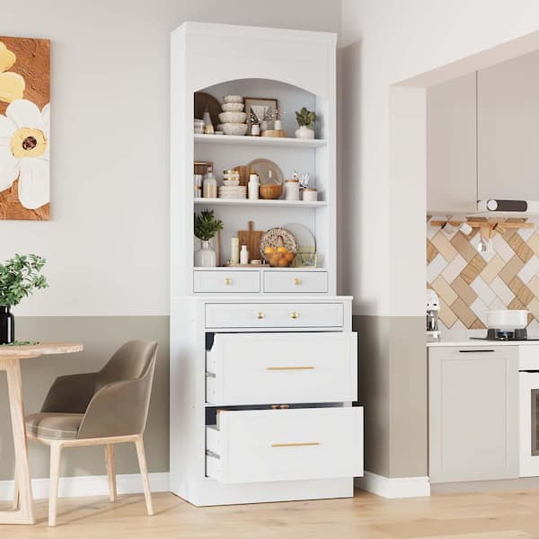 Modern 25 in. W x 18 in. D x 84 in. H White Linen Cabinet, High Freestanding Kitchen Wooden Pantry with Faux Marble Top
