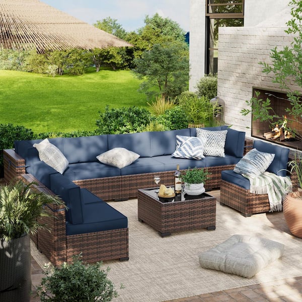 Brown 9-Piece Wicker Patio Conversation Sectional Seating Set with Navy Blue Cushions