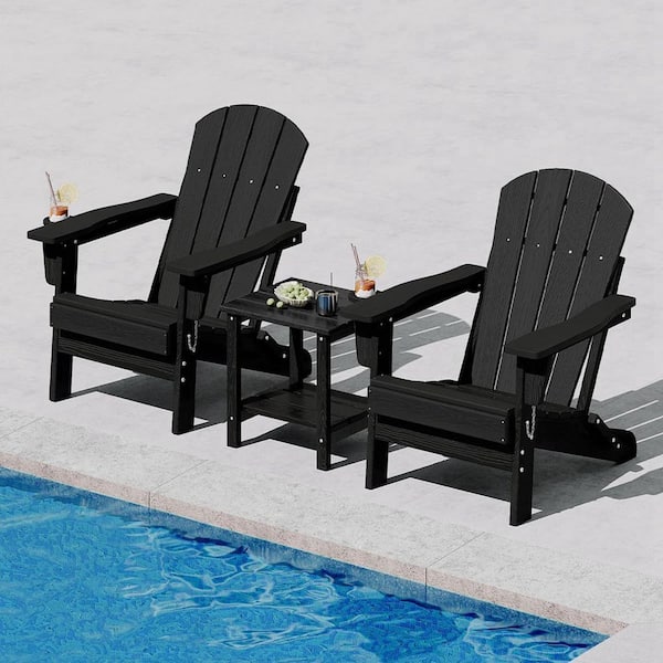 Adirondack キャンパーズチェア 2脚セット ブラック Folding Adirondack Chair Set of 2 with Side Table, Wood Texture