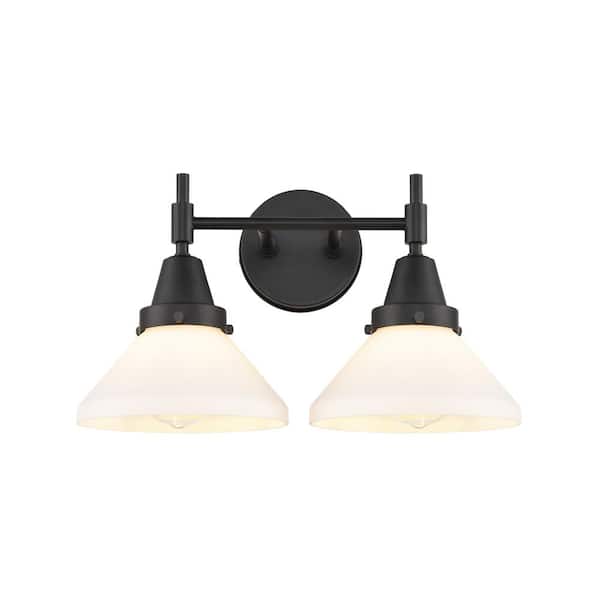 Caden 17 in. 2 Light Matte Black, Matte White Vanity Light with White Glass Shade