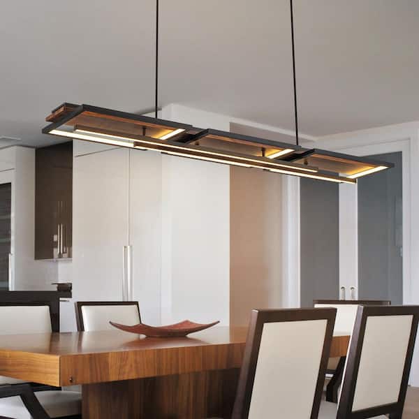 43.31 in. 5-light Wooden Linear Integrated LED Kitchen Island Pendant Light Chandelier with Rectangle LED Accents