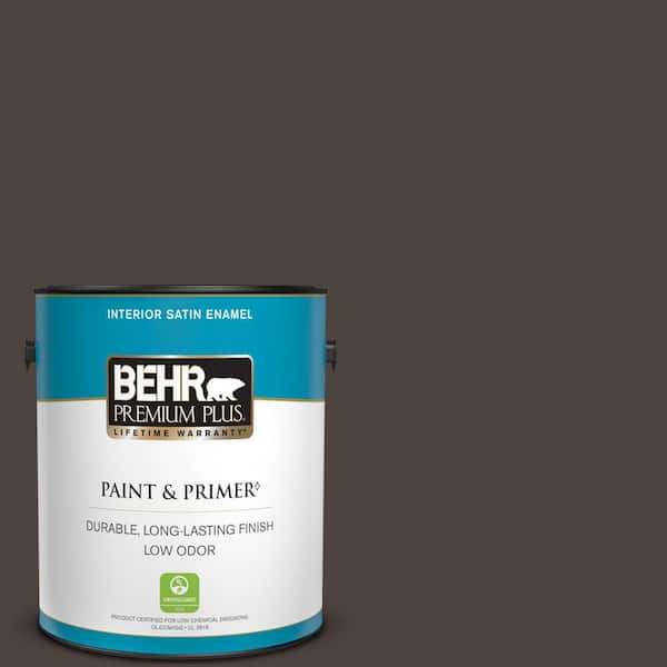 BEHR PREMIUM PLUS 1 gal. #PPU5-01 Espresso Beans Satin Enamel Low Odor Interior Paint & Primer