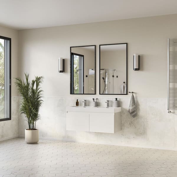 Mezzo 48 in. Modern Wall Hung Bath Vanity in White with Double Vanity Top in White with White Basins