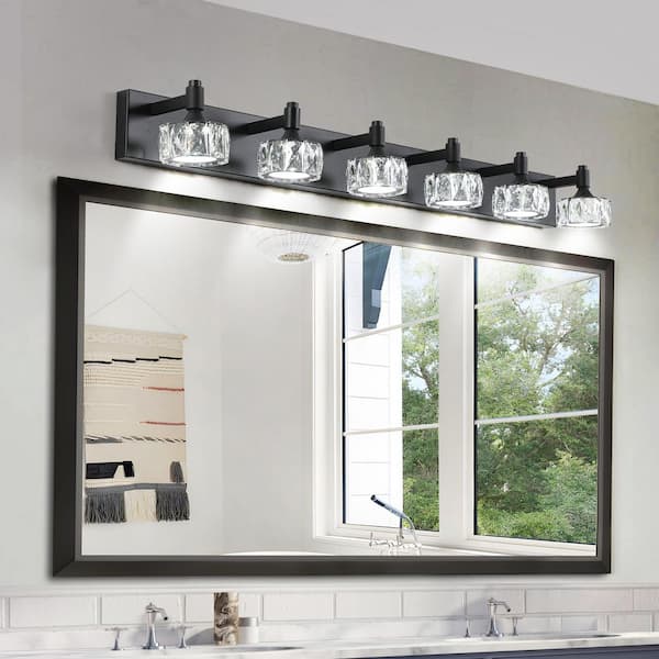 44 in. 6-Light Black LED Vanity Light with Crystal Glass Shade