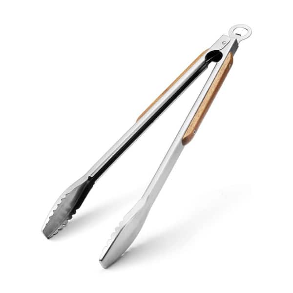 Premium Brown Walnut Wood Handle BBQ Grill Tongs, 19.5 in. Long Heat Resistant with Locking Ring and Bottle Opener