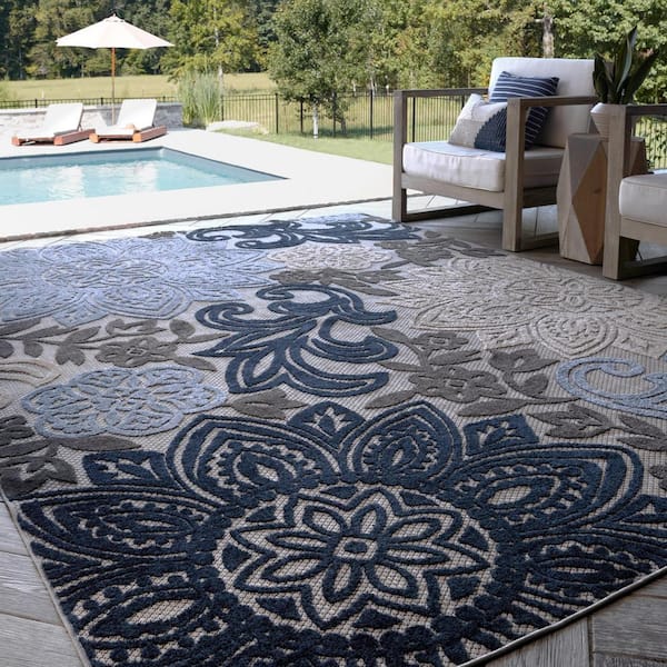 Oasis Floral Blue 9 ft. x 12 ft. Indoor/Outdoor Area Rug
