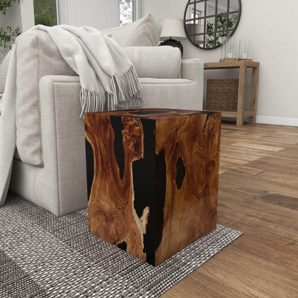 Black Teak Wood Accent Table with Resin Inlay