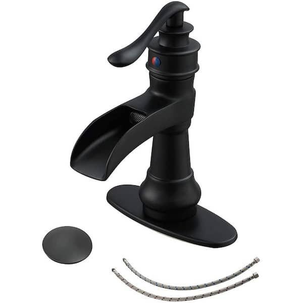 FORCLOVER Single-Handle Low-Arc Single Hole Waterfall Bathroom Faucet with Pop-up Drain Assembly in Matte Black