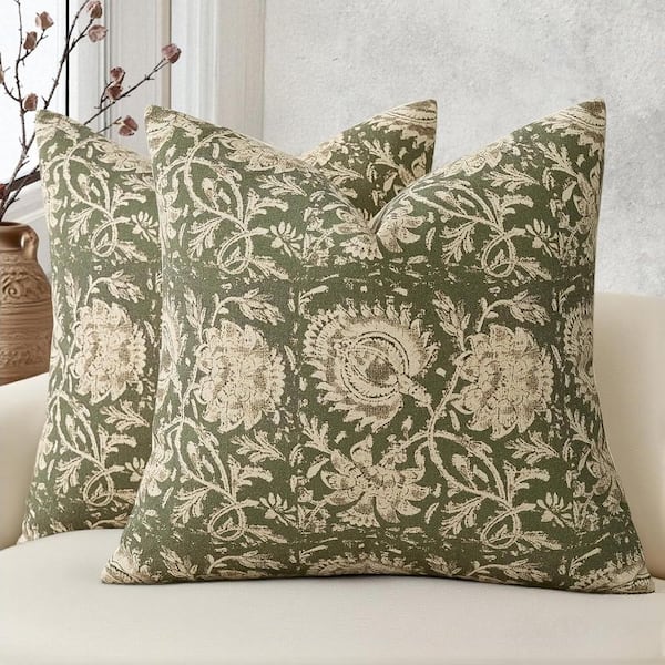 Olive Green Vintage Floral Print Throw Pillow Covers 18 in. x 18 in.  Set of 2