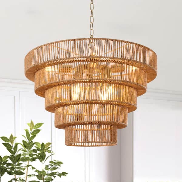 25.6 in. 8-Light 5-Tier Gold Hand-Woven Rattan Chandelier with Closed Weave Shade