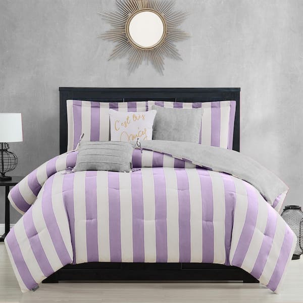JUICY COUTURE Cabana Stripe 6-Piece Lavender/White Striped Microfiber King Comforter Set
