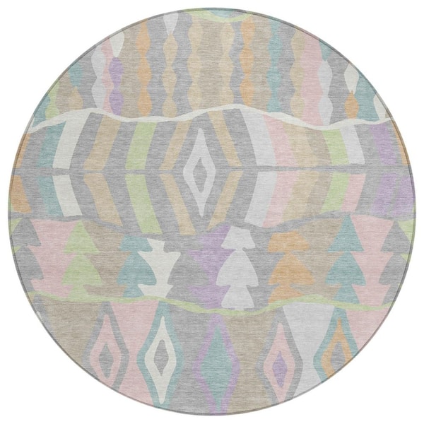 Chantille Machine Washable Indoor/Outdoor Abstract ACN2844 Pewter 8 ft. x 8 ft. Round Rug
