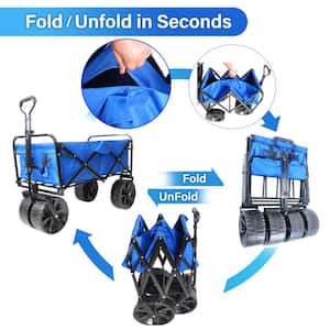 4 cu.ft. Steel Blue Garden Cart Folding Wagon Shopping Beach Cart with Retractable Handle & 9.8 in. Plastic Wheels