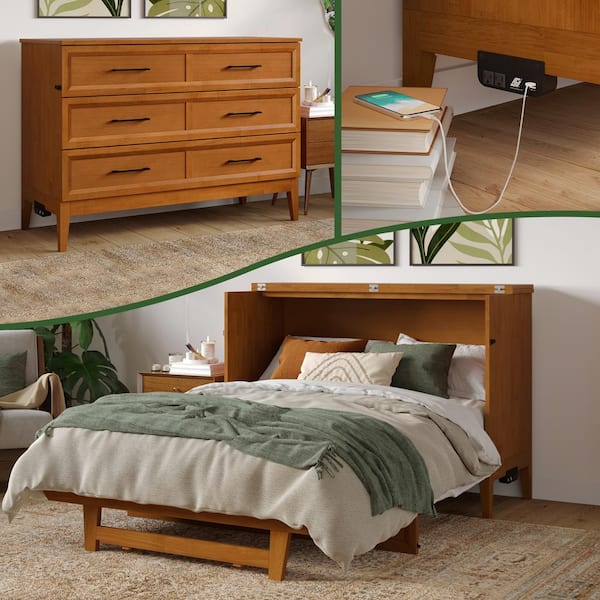 AFI Santa Fe Light Toffee Natural Bronze Solid Wood Frame Full Murphy Bed Chest with Mattress and Built-in Charger