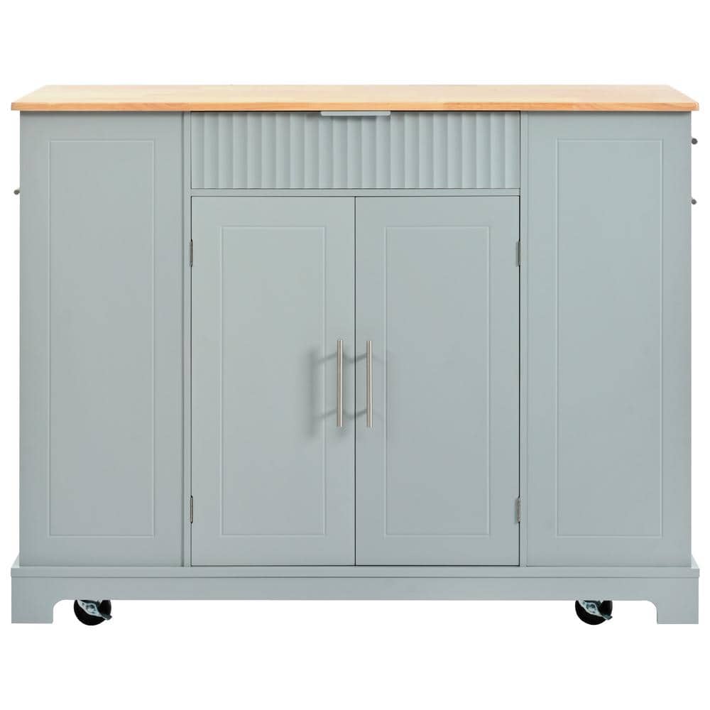 Grey Blue Wood 47.2 in. Kitchen Island with Trash Can Storage Cabinet, Powe