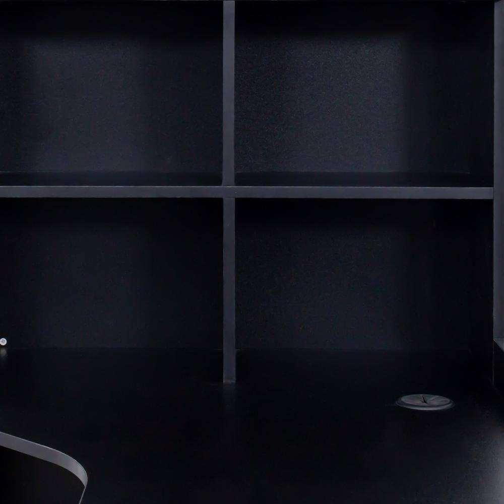 Close-up of the black shelving compartments.