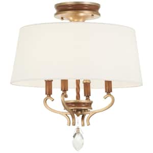 Magnolia Manor 19 in. 4-Light Pale Gold with Distressed Bronze Semi-Flush Mount with White Linen Shade