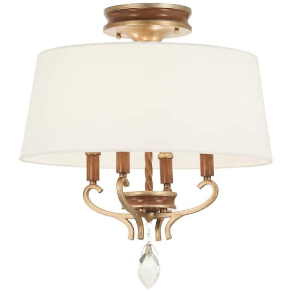 Metropolitan Magnolia Manor 19 in. 4-Light Pale Gold with Distressed Bronze Semi-Flush Mount with White Linen Shade