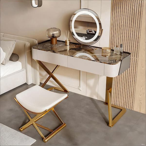 Gold Makeup Vanity Stool Chair, Modern Ottoman Bench Seat with Metal X Legs, Footstool for Bathroom & Living Room