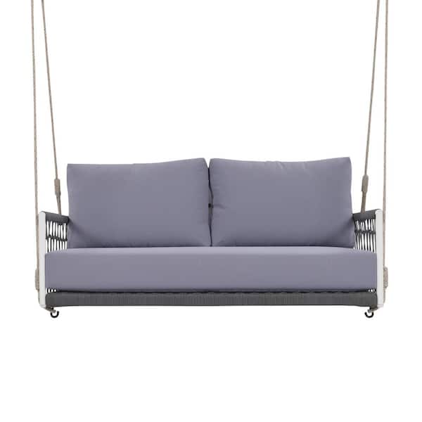 Sudzendf Seating 2-Woven Rope Outdoor Metal Patio Swing with Soft Light Gray Cushions
