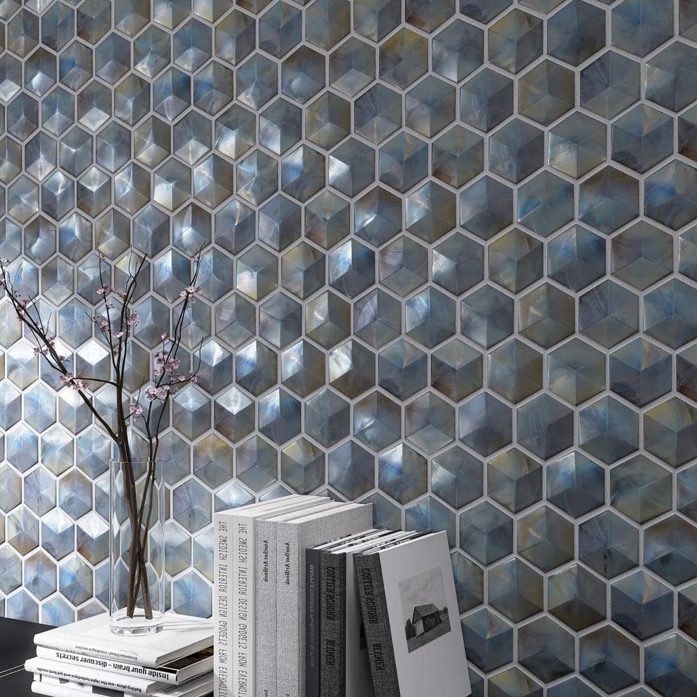 Aurora Glossy Gray Glass Hexagonal Mosaic Tile Sheet