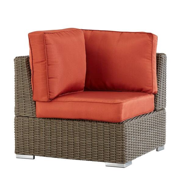 HomeSullivan Camari Mocha Wicker Corner Outdoor Sectional Chair with Red Cushion