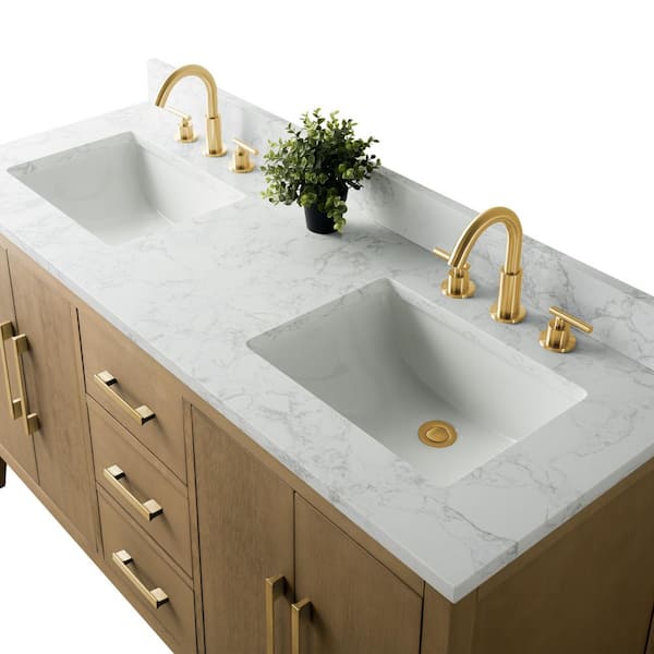 Vanity Art 60 in. W x 22 in. D x 34 in. H Double-Sink Bathroom Vanity in Natural Oak with Engineered Marble Top in Arabescato White