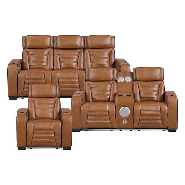 Bedos 84 in. W. Pillow Top Arm Top Grain Leather Rectangle 3-Piece Power Reclining Sofa Set in Brown