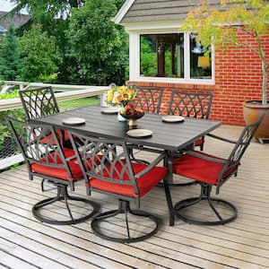 Black 7-Piece Metal Rectangle Outdoor Dining Set with Cushion Patio Furniture Set with Swivel Dining Chair