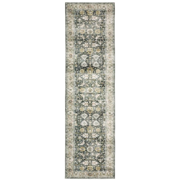 AVERLEY HOME Cascade Gray/Gold 2 ft. x 8 ft. Distressed Oriental Persian Polyester Machine Washable Indoor Area Rug