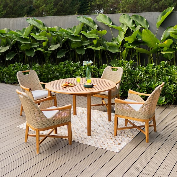 Cambridge Casual Cambridge Casual Sydney 5-Piece Teak Wood Outdoor Dining Set with Round Table Tan Cushion