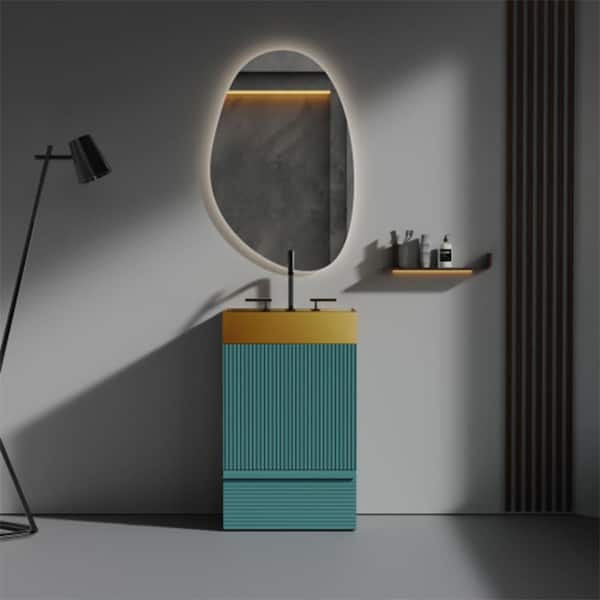 BEANS 20 in. W Single Sink Freestanding Striped Aqua Bath Vanity with Gold Stainless Steel Top for Modern Bathroom