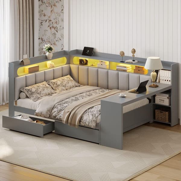 Selene Gray Full Size Daybed with Storage Shelves, Drawers, Charging Station, LED Light, Desk, Upholstered Headboard