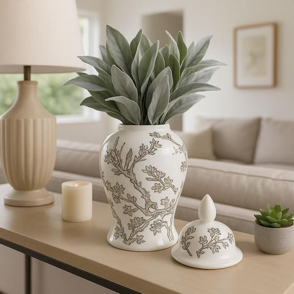 14.5 in. White/Brown Ceramic Decorative Cherry Blossom Temple Jar